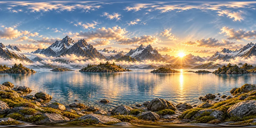 Illustration panoramique d’un lac entouré de montagnes au lever du soleil