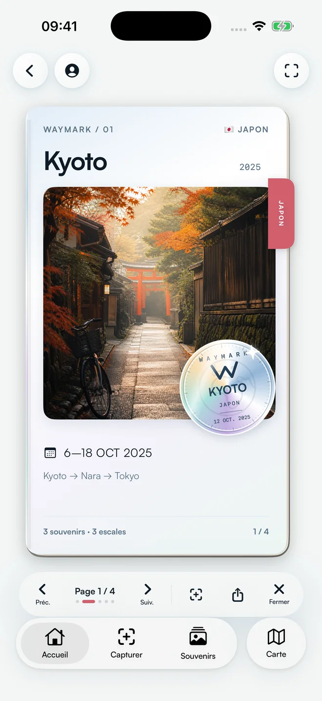 Waymark : carnet du Japon avec photo de Kyoto, dates de voyage et tampon de passeport
